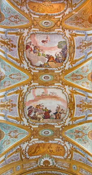 VENICE, ITALY - MARCH 13, 2014: Ceiling fresco of church Chiesa dei Gesuiti (Santa Maria Assunta) with the Assumption of Virgin Mary scene in the center.