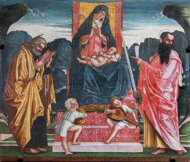 Treviso, İtalya - 18 Mart 2014: madonna ile çocuk ve havari Aziz peter ve paul a. çift 15 tarafından. cent. Saint nicholas veya san nicolo kilisede.