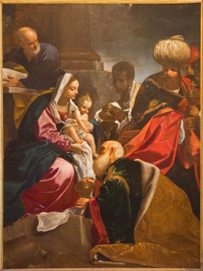 Bologna, İtalya - 16 Mart 2014: giacomo cavedoni (1577-1660) içinde saint paul ya da chiesa di san paolo Barok kilise tarafından Doğuş Şapel magi boya hayranlığı.