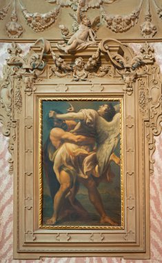 BOLOGNA, ITALY - MARCH 16, 2014: Battle of Jacob with the angel in church Chiesa di San Domneico - Saint Dominic from 18. cent. clipart
