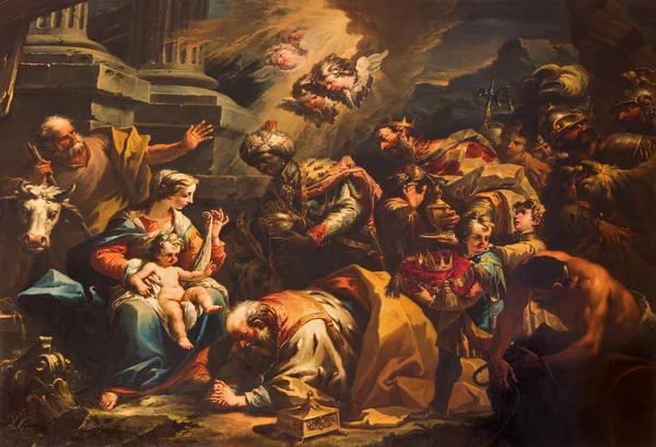 VENISE, ITALIE - 13 MARS 2014 : Adoration de la scène Magi (1733) par Gaspare Diziani dans l'église Chiesa di San Stefano. — Photo