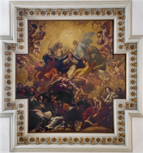 VENICE, ITALY - MARCH 12, 2014: Ceiling fresco from church chiesa di Santa maria del Giglio. Coronation of Virgin Mary  by Antonio Zanchi. — Stock Photo, Image