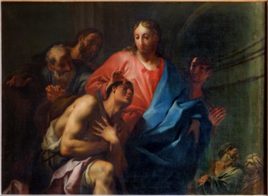 Venice, İtalya - 14 Mart 2014: Mesih'in kilise San antonio trevisan (1753) tarafından kör şifa mucize francesco della vigna.