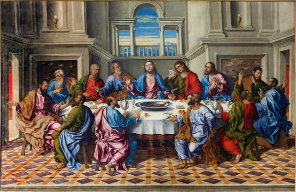 VENECIA, ITALIA - 14 DE MARZO DE 2014: La última cena de Cristo "Ultima cena" por Girolamo da Santacroce (1490 - 1556) en la iglesia San Francesco della Vigna . Fotos de stock libres de derechos