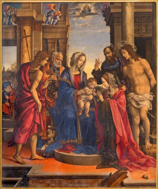Bologna, İtalya - 16 Mart 2014: madonna ve Aziz peter, paul, john the baptist, katherina ve filippino tarafından sebastian lippi (1501) içinde kilise chiesa di san domneico - Aziz dominic Kilisesi.