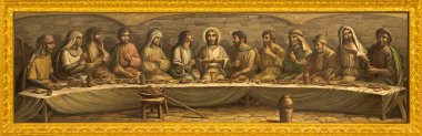 BOLOGNA, İtalya - 16 Mart 2014: Pesarini 'nin İsa' nın son yemeği (1979) Monte 'deki San Giovanni kilisesi mihrabında.