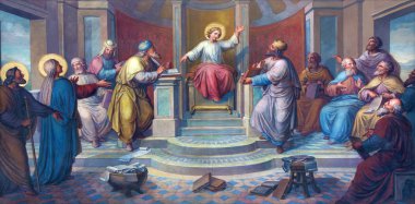 Vienna, Avusturya - ö. 17 Şubat 2014: fresk sahnesi - josef kastner 1906-1911 dobling carmelites kilise tarafından tapınağın din bilginleri arasında küçük İsa.