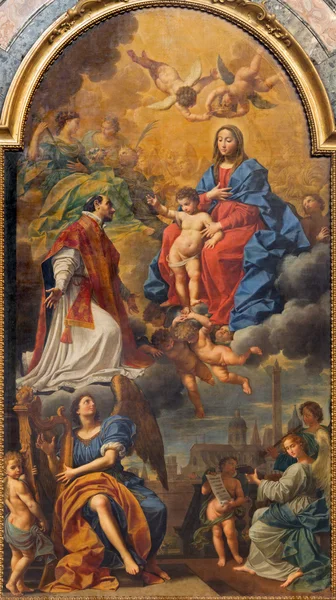 Bologna, Itálie - 15 března 2014: madonna v slávě st. ignace, andělé a svatí d. creti (1736) v dom - barokní kostel saint peters. — Stockfoto