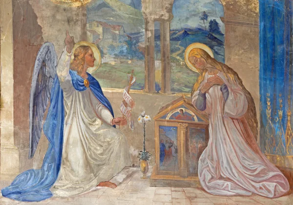 ROZNAVA, SLOVAKIA - APRIL 19, 2014: Fresco of Annunciation by Teodor Kolbay (1863) in the cathedral. — Stock Photo, Image