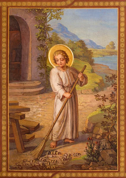 VIENNA, AUSTRIA - FEBRUARY 17, 2014: Fresco of scene from life of little Jesus by Josef Kastner 1906 - 1911 in Carmelites church in Dobling. — Stock Photo, Image