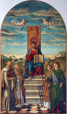 Venice, İtalya - 13 Mart 2014: san girolamo da santacroce (1490-1556) san martino saint Martin burano Adası Kilisesi tarafından marco e santi (st. marc ve azizler).