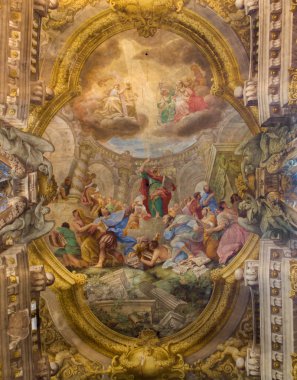 Bologna, İtalya - 16 Mart 2014: saint paul ya da chiesa di san paolo Barok kilise 17 kubbe fresk. cent. Antonio ve giuseppe rolli tarafından. athene, St Paul Sermon Merkezi sahne oluyor..