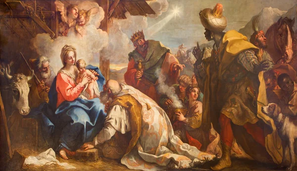 VENICE, ITALY - MARCH 12, 2014: The Adoration of Magi by Antonio Vassilacchi nickname l'Aliense (1556 - 1629) from Chiesa di San Zaccaria church. — Stock Photo, Image