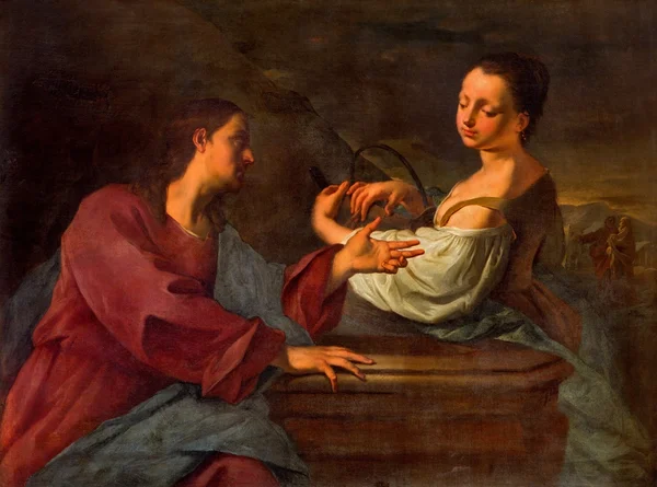 VENICE, ITALY - MARCH 14, 2014: "Rebecca al pozzo" - Paint of Rebecca and Isaac at the well scene in church San Francesco della Vigna by Micola Brassi (1700). — Stock Photo, Image