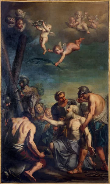 Bologna, italien - 16. märz 2014: malerei des "kommenden martyriums des apostels" (st. andrew) von antonio rossi (1700 - 1753) in der kirche chiesa di san domenico - heiliger dominic — Stockfoto