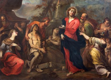 Treviso, İtalya - 18 Mart 2014: lazarus dirilişi tarafından saint nicholas veya san nicolo kilisede francesco pittoni (1710).