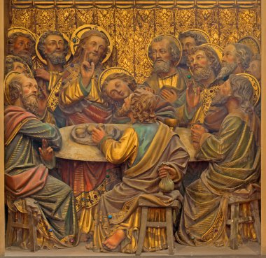 Bruges, Belçika - 12 Haziran 2014: son yemek oyma kabartma'nın St salvator cathedral (salvatorskerk şeklinde).