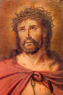 Brugge, Belçika - 13 Haziran 2014: bond St giles (sint gilliskerk itiraf kutusunda bilinmeyen ressam tarafından İsa Mesih'in küçük boya detay).