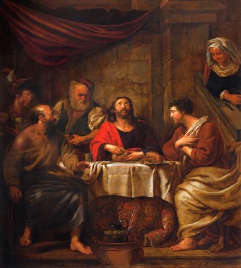 MECHELEN, BELGIUM - JUNE 14, 2014: The central part of the paint Jesus and disciple of Emausy at supper by G. Herreuns (1793)  in st. Johns church or Janskerk. clipart