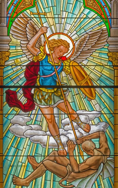 ROZNAVA, SLOVAKIA - APRIL 19, 2014: Archangel Michael from windowpane from 19. cent. in the cathedral. — Stock Photo, Image