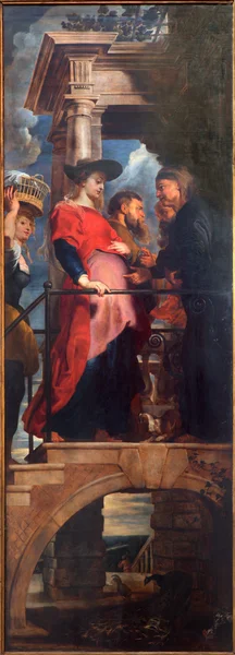 Antwerpen, belgien - 4. september 2013: visitation der jungfrau maria an elizabeth als linke tafel des triptychons kreuzerhöhung (1609 - 1610) von S. p, rubens in der kathedrale unserer lieben frau. — Stockfoto