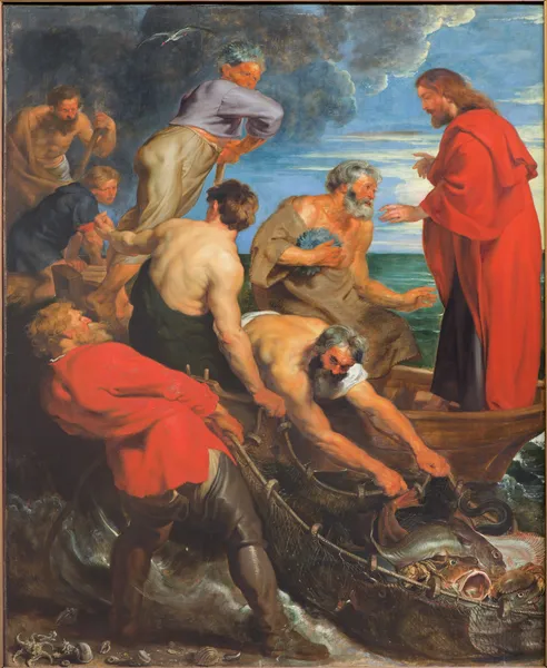 梅赫伦、 比利时-2014 年 6 月 14 日： 奇迹捕鱼 (1618) 彼得保罗鲁本斯在教会我们的女主角跨 de dyle. — 图库照片