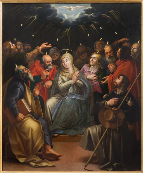 MECHELEN, BELGIUM - JUNE 14, 2014: The paint op Pentecost scene by unknown painter  in st. Johns church or Janskerk. — Stock Photo, Image