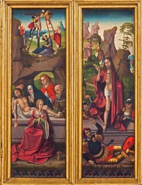 Vienna, Avusturya - ö. 17 Şubat 2014: defin ve Gotik yerinden İsa'nın dirilişi oyma Germen sipariş veya deutschordenkirche yıl 1520 Kilisesi altar öncelikle mechelen.