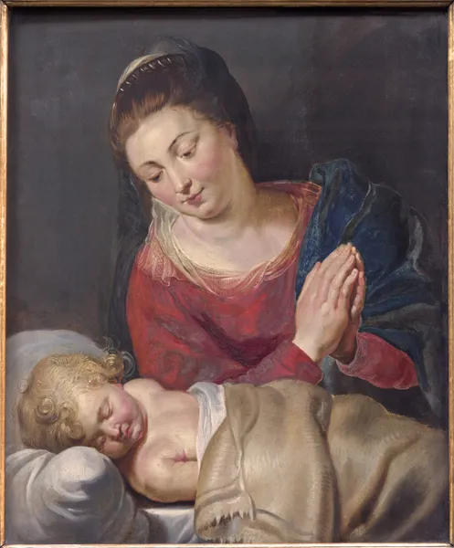 BRUSELAS, BÉLGICA - 15 DE JUNIO DE 2014: La Virgen y el pequeño Jesús dormido "Maria pacis - María de la paz" (1716) por el pintor desconocido en la iglesia de San Nicolás como en el epitafio del pastor P. H. Ausloos . — Foto de Stock