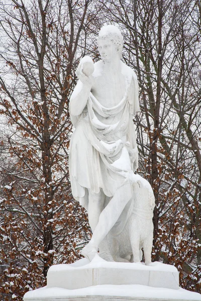 VIENNA, AUSTRIA - JANUARY 15, 2013: Statue of Paris - the son of Priam, king of Troy in gardens of Schonbrunn palace in winter. Statues was generally made between 1773 and 1780. — Stock Photo, Image