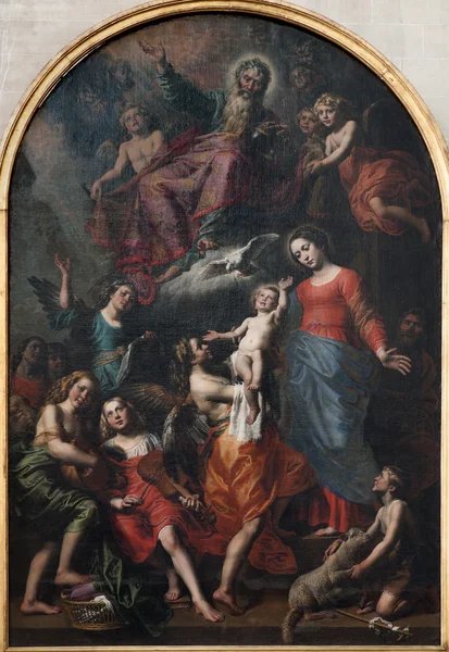 BRUSSELS - JUNE 21: Holy Trinity, Jomfru Maria og Johannes - dåpsmalingen av Theodore van Loon fra 1623 i Døperen Johannes-kirken 21. juni 2012 i Brussel . – stockfoto