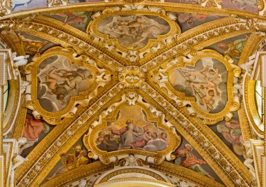 Bologna, İtalya - 17 Mart 2014: papaz olarak Barok kilise san girolamo ceilinig della certosa sahne yaratma ve Eski Ahit kişilerin ile.