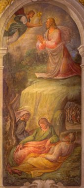 BOLOGNA, İtalya - 17 Mart 2014: 15 sentten itibaren Bartolomeo Ramenghi 'nin Barok Kilisesi San Michele' deki Gethsemane bahçesinde İsa 'nın Fresco' su...