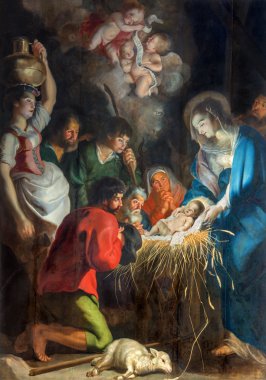 Antwerp, Belçika - 5 Eylül 2013: doğum sahnesi Barok ressam tarafından saint Paul Kilisesi (paulskerk cornelius de vos (1584-1651))