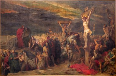 BRUSSELS, BELGIUM - JUNE 15, 2014: The Crucifixion paint by Jean Francois Portaels (1886) in St. Jacques Church at The Coudenberg. clipart