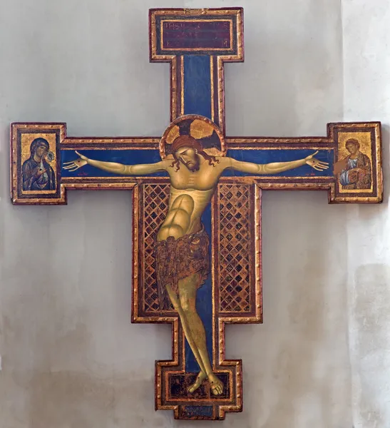 BOLOGNA, ITALIA - 16 DE MARZO DE 2014: La Crucifixión de Giunta Pisano (1250) en la iglesia barroca San Domenico - Santo Domingo . —  Fotos de Stock