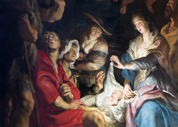 ANTWERP, BÉLGICA - 5 DE SEPTIEMBRE DE 2013: Parte central de la pintura del belén del gran pintor barroco Peter Paul Rubens en la iglesia de San Pablo (Paulskerk ) — Foto de Stock