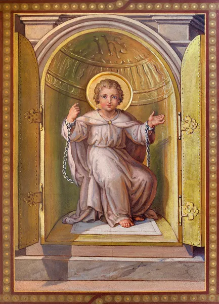 VIENNA, AUSTRIA - FEBRUARY 17, 2014: Fresco of scene - little Jesus from tabernacle in the bond as symbolo of eucharist by Josef Kastner 1906 - 1911 in Carmelites church in Dobling. — Stock Photo, Image