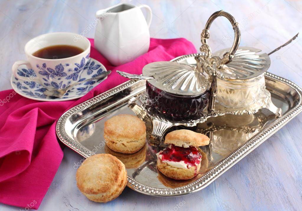 Homemade scones tea with jam and double cream.