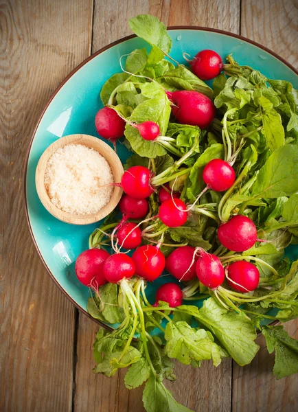 Fresh radishes with pink salt on a plate. Selective focus — Stock Photo, Image