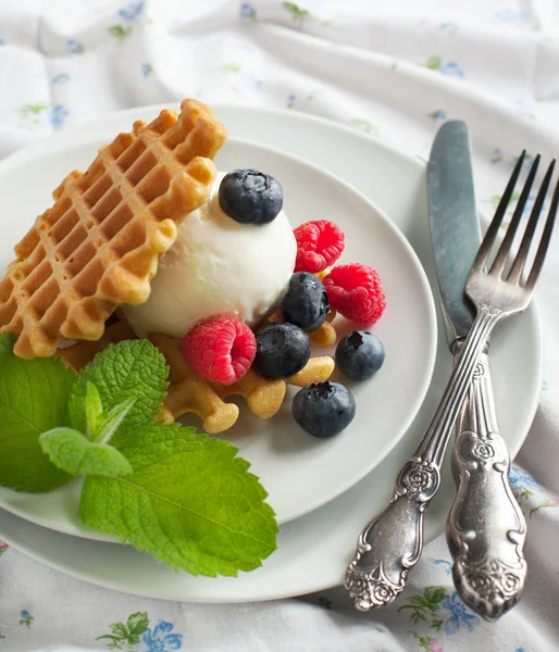 Вафелька прикрашена морозивом і ягодами — стокове фото