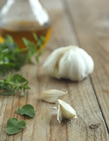 Garlic, fresh oregano and olive oil — Stock Photo, Image