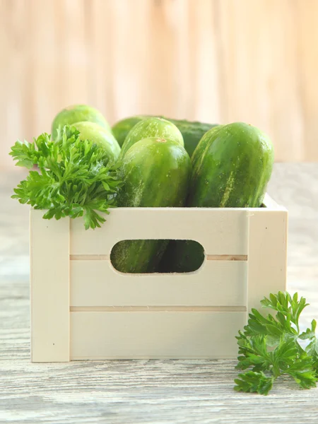 Fresh cucumbers in wooden box — Stock Photo, Image