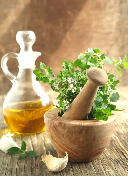 Oregano herb in wooden mortar and pestle. — Stock Photo, Image