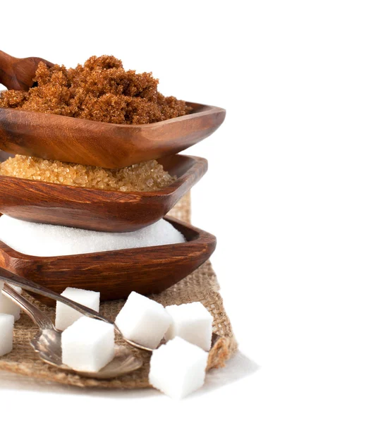 Verschillende soorten suiker - demerara, bruine, witte en geraffineerde suiker — Stockfoto