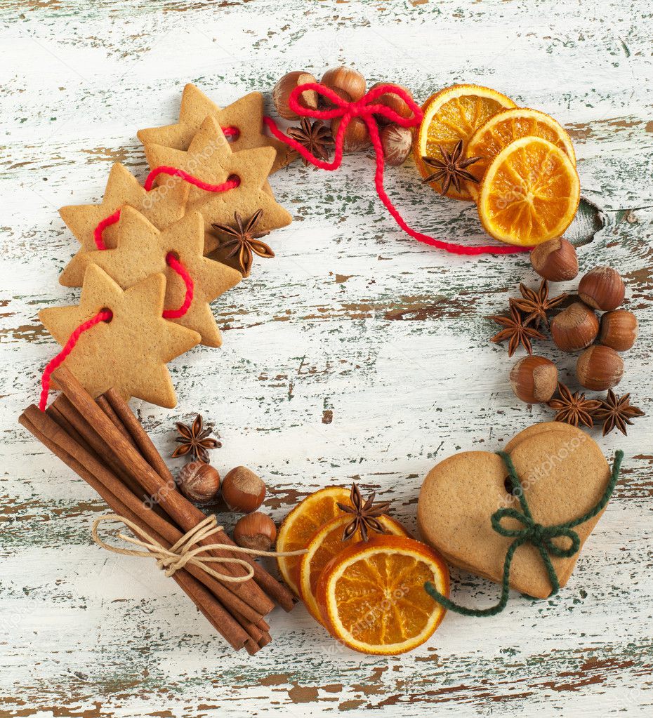 Christmas wreath with cookies and spices