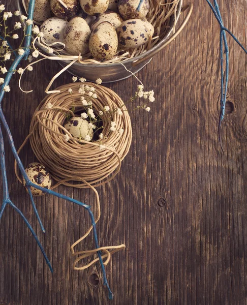 Pasen decoratie met kwartel eieren op houten bord. — Stockfoto