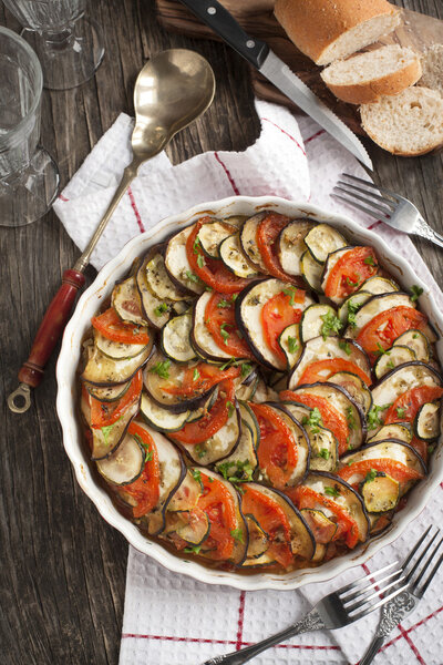 Ratatouille. Vegetable gratin. Famous French dish from Provence.