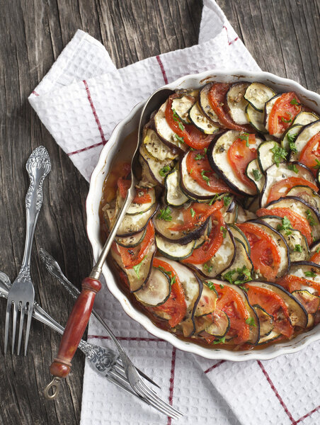 Ratatouille. Vegetable gratin. Famous French dish from Provence.