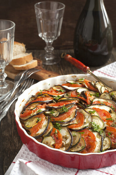 Ratatouille. Vegetable gratin. Famous French dish from Provence.